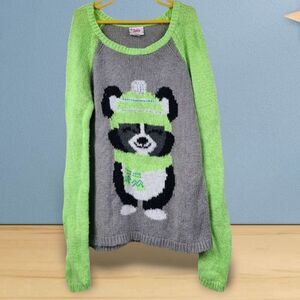 Justice Cute Winter Bear Sweater Girls 14 Pullover Neon Green/Gray Long Sleeves